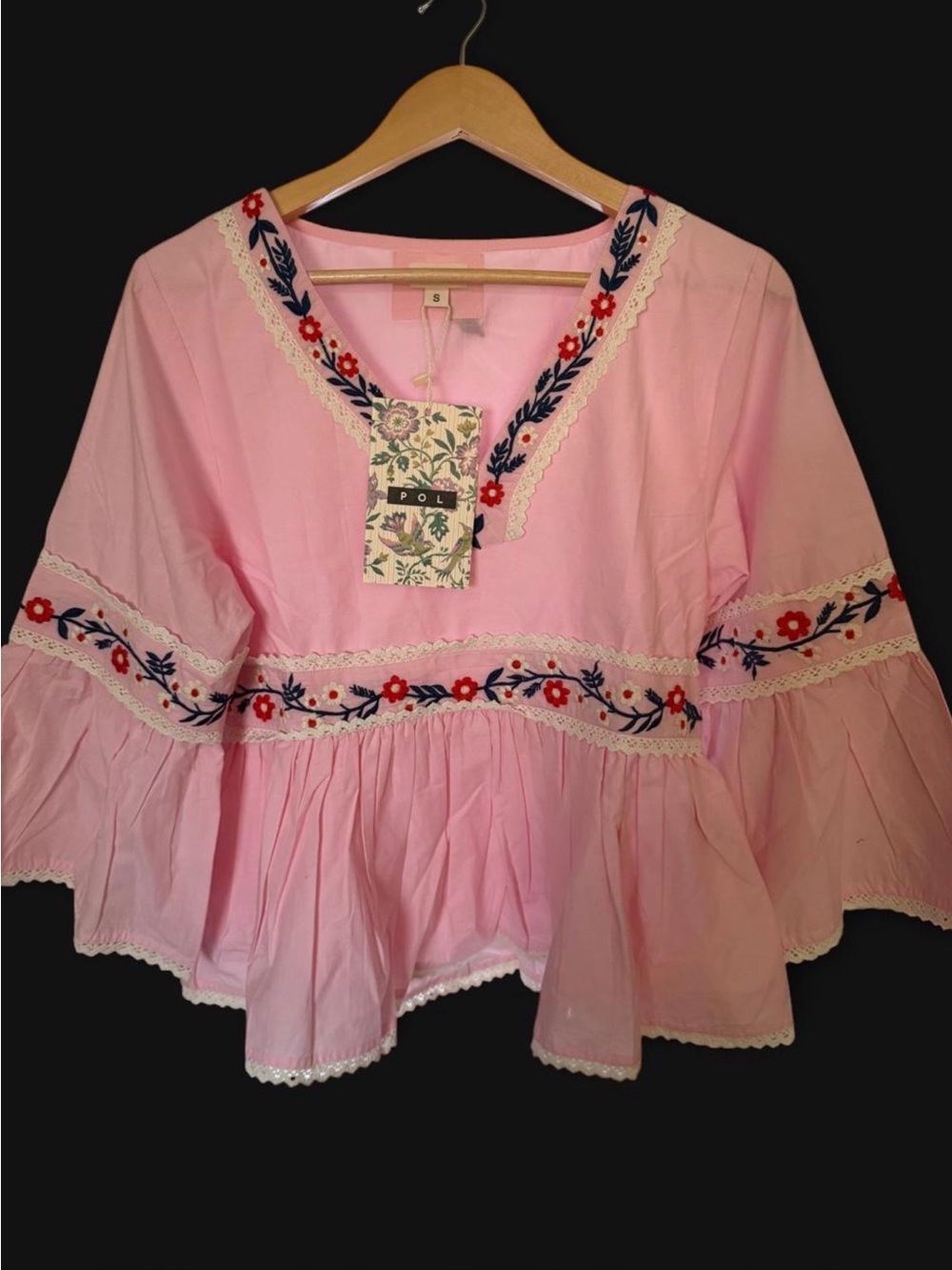 POL Pink Embroidered Peasant Top with Floral Trim